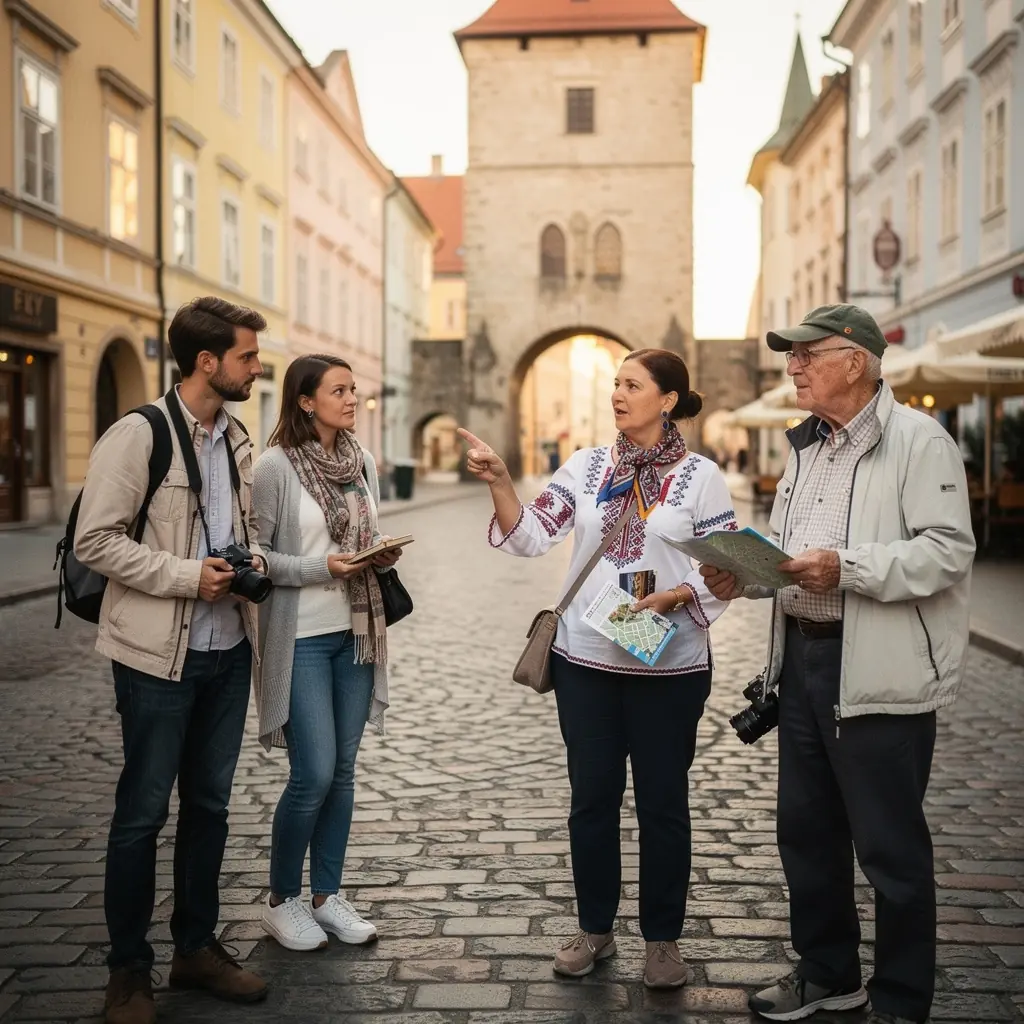 An informative signpost featuring key phrases in Slovak, guiding travelers during their exploration.